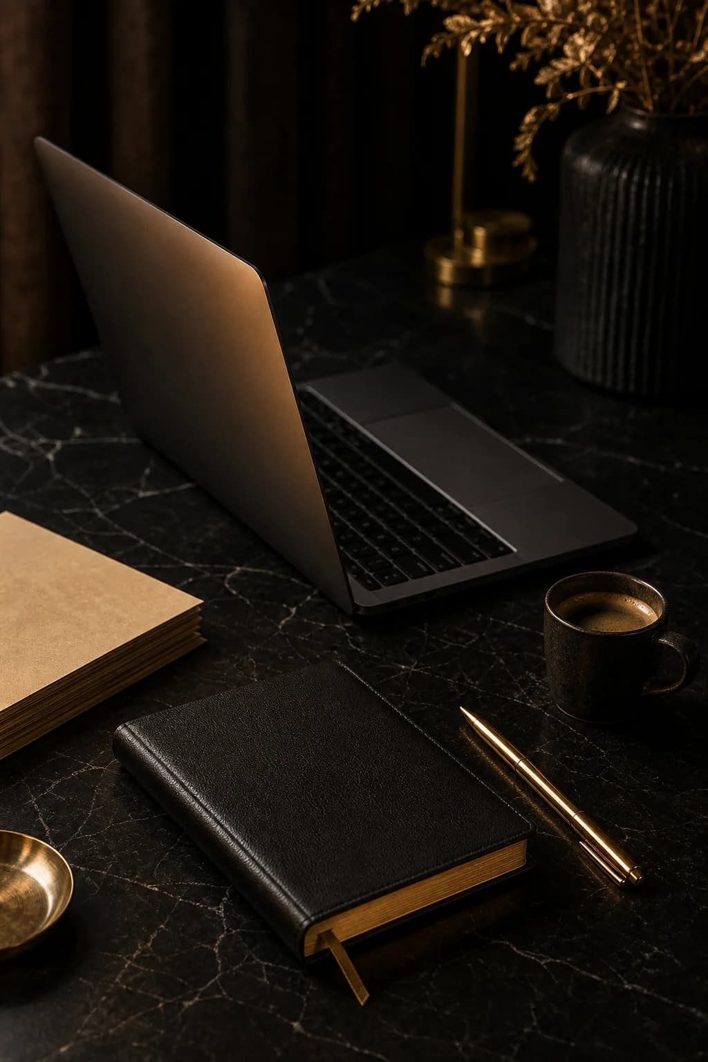 A black desk with a laptop, leather notebook, gold pen and printed guides in warm light